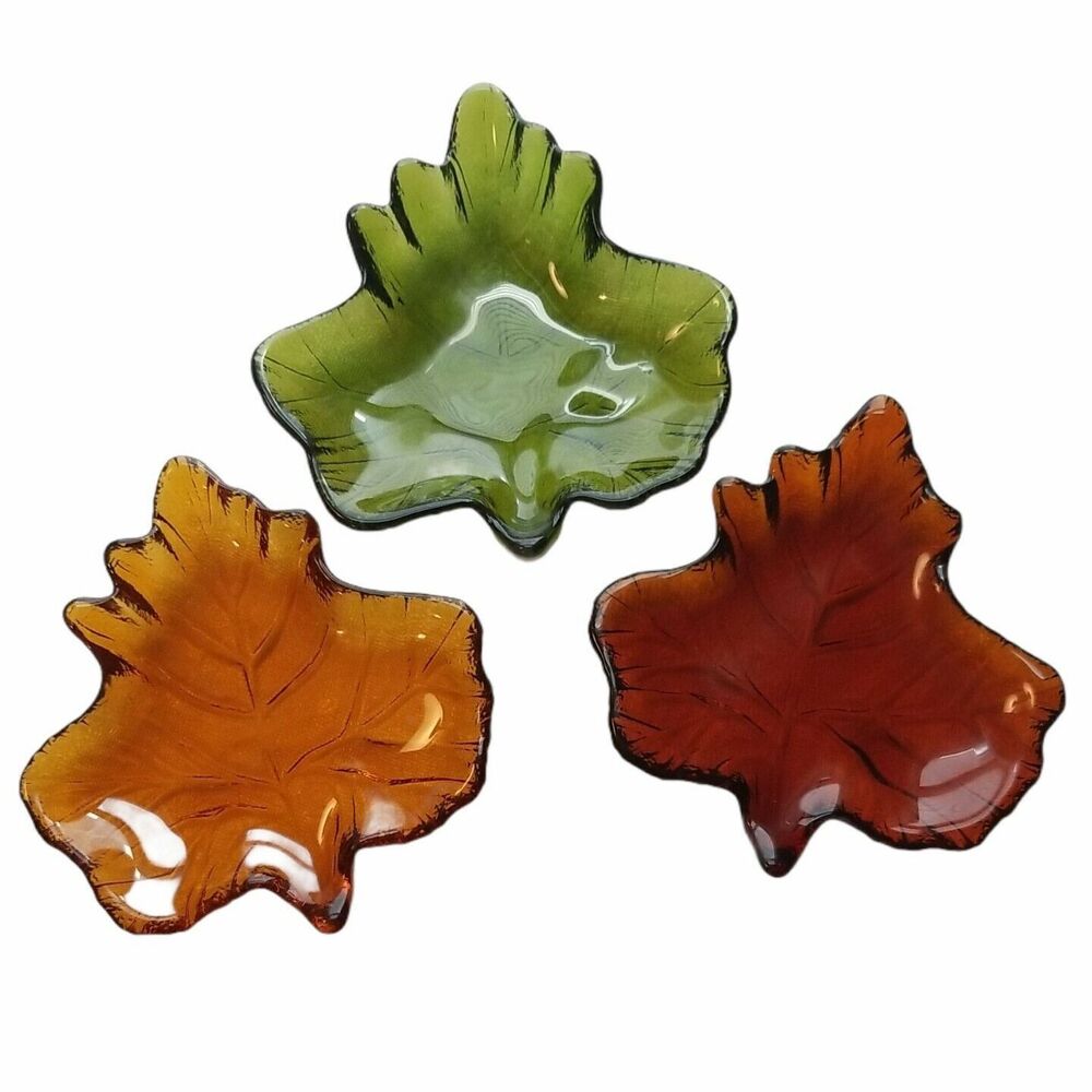 Autumn Leaves Decorative Glass Dishes Thanksgiving Fall Holiday Trio 3 Small